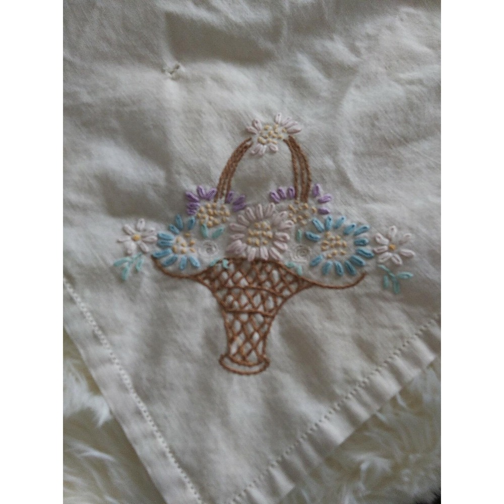 Vintage Embroidered  23" X 23" On Ivory Linen 4 different baskets in corners